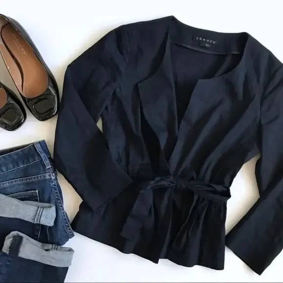Theory Capsule Elegant Modern Minimalist Classic Tie Waist Navy Top or Jacker M - Picture 1 of 6